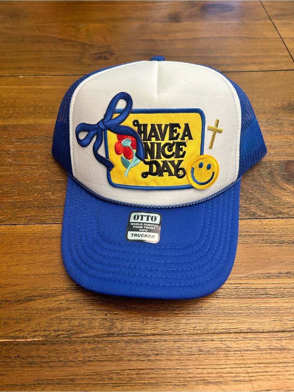 Blue & White 'Have A Nice Day' Patch Trucker Hat